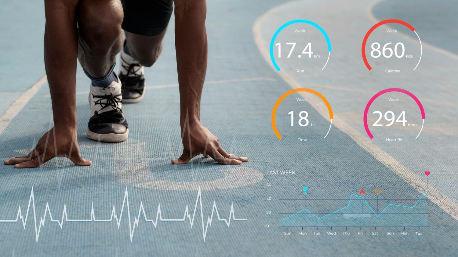 Image of an athlete runner with sports performance metrics at the side